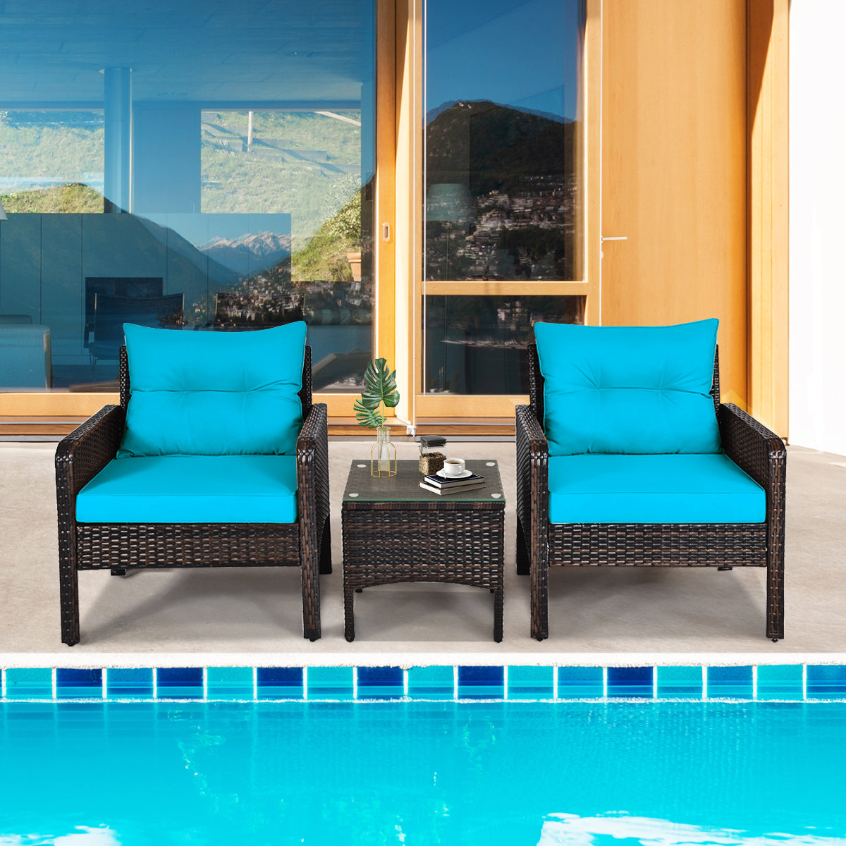 Patio Conversation Set by COSTWAY with Two Cushioned PE Rattan Chairs and Tempered Glass Side Table