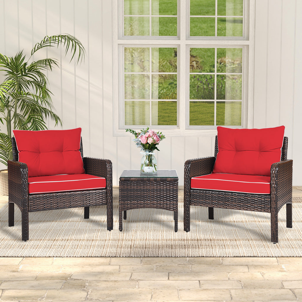Patio Conversation Set by COSTWAY with Two Cushioned PE Rattan Chairs and Tempered Glass Side Table