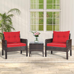 Patio Conversation Set by COSTWAY with Two Cushioned PE Rattan Chairs and Tempered Glass Side Table