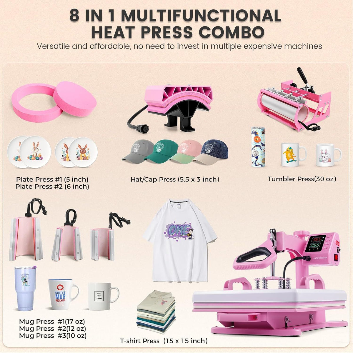 HOMDOX 15"x15" 8-in-1/5-in-1 Heat Press with 30OZ Tumbler Press for T-Shirt/Tumbler/Mug/Hat/Cap/Plate - Slide Out 360° Swing Away Digital Shirt Press Machine, Industrial-Quality Heat Transfer Sublimation