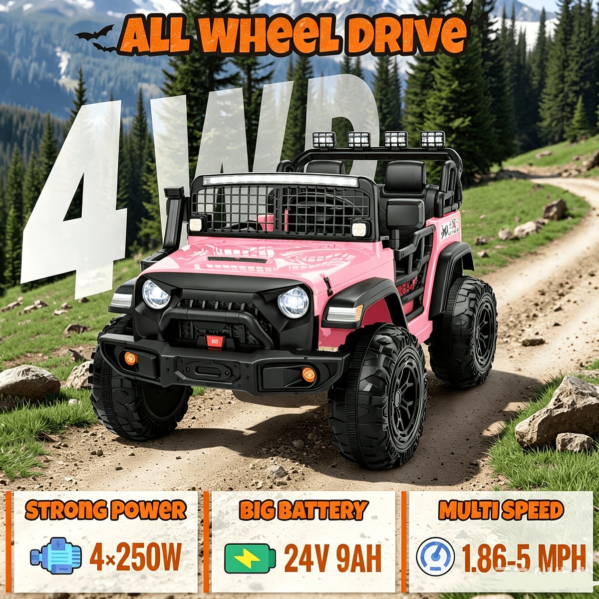 24V 4WD Kids Ride-On UTV Car with Parent Remote Control, 2-Seater, Music, LED Lights, All-Terrain Vehicle for Outdoor Fun, Ideal Gift for Boys And Girls