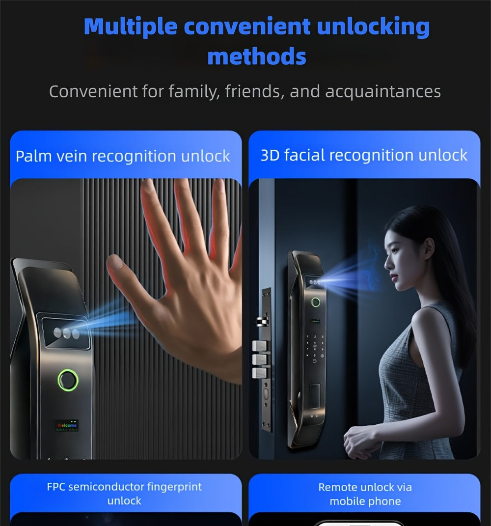 Modern AI Smart Lock with 3D Facial & Fingerprint/Palm Vein Biometric Entry, Keyless Door Lock Suitable for Home/Office, Remote Video Intercom System, Mobile App, Password/Key Entry, Smart Door Lock for Apartments