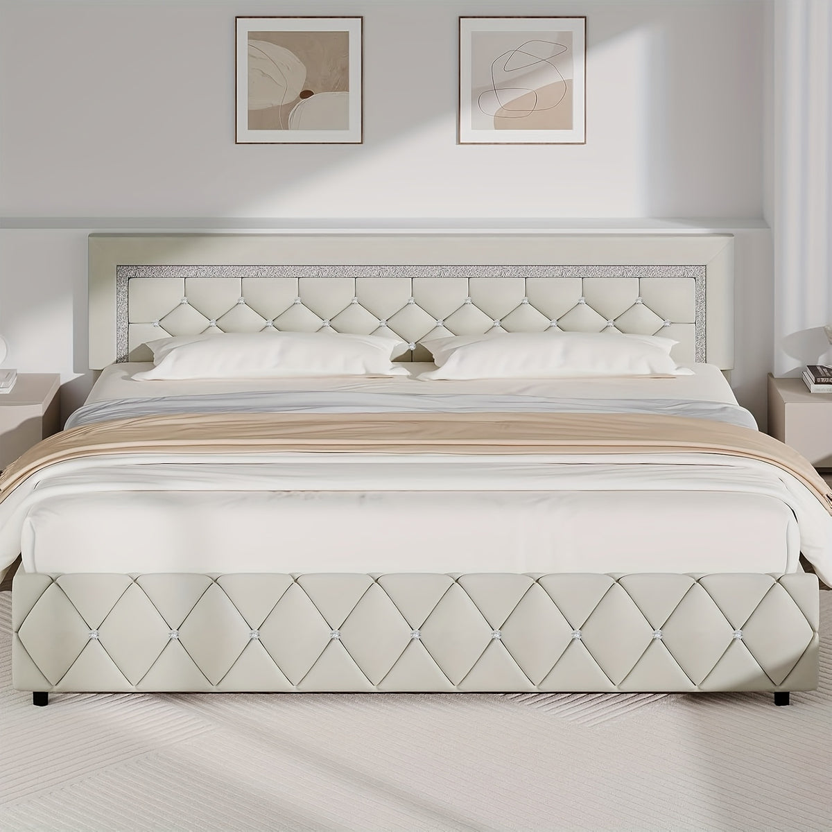 HOMBCK Twin Full Queen King Bed Frame, Padded Platform Bed with Button Tufting Headboard, Princess Platform Bed with Diamond Design, Halloween Decoration, Wooden Strip Support, No Spring Box Needed, Easy to Assemble, Pink/White/Black/Beige