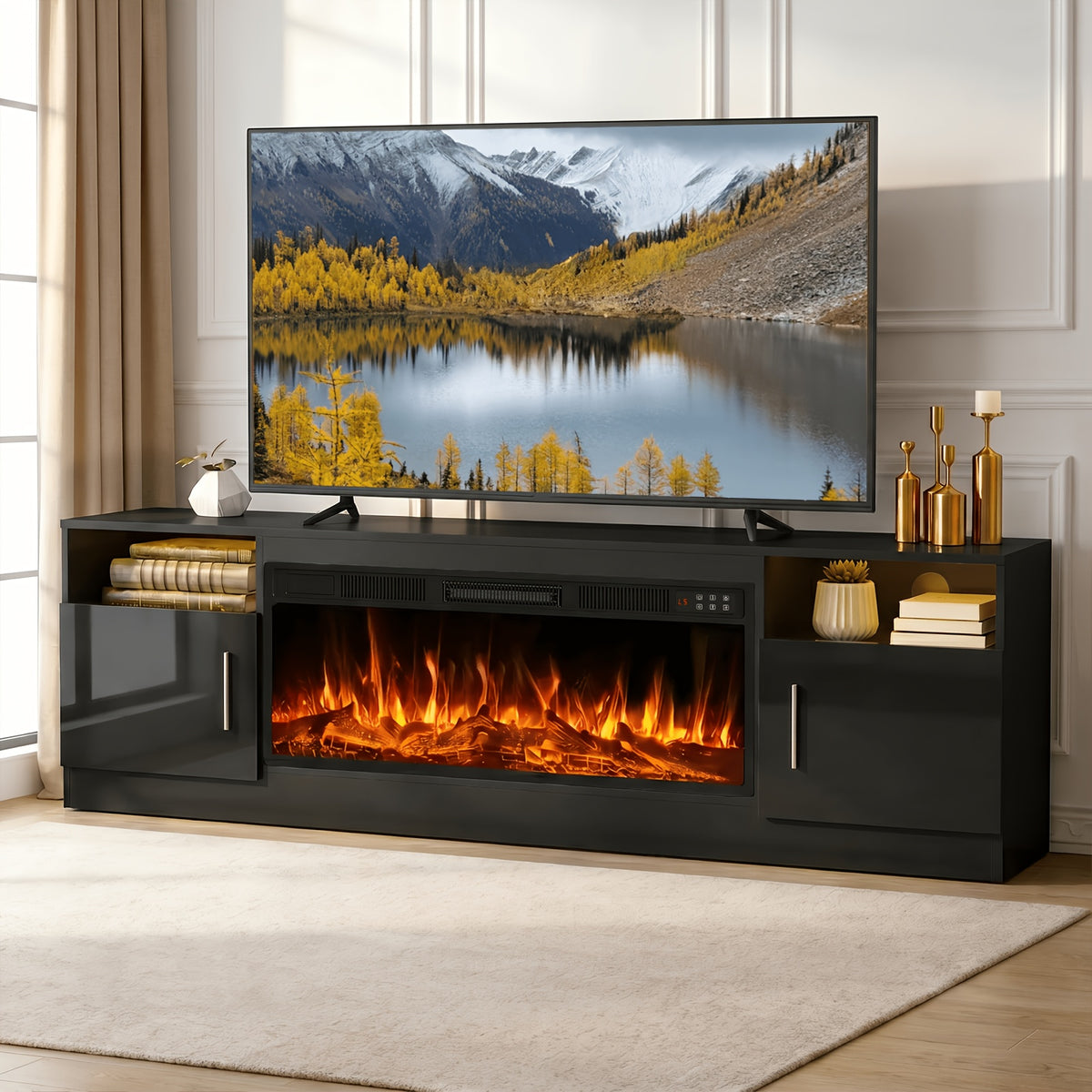 70" Fireplace Tv Stand with 36 Inch Fireplace Up to 80" Tvs, LED Light Entertainment Center And Storage, 70"Modern Wood Media TV Console with Highlight Cabinet for Living Room