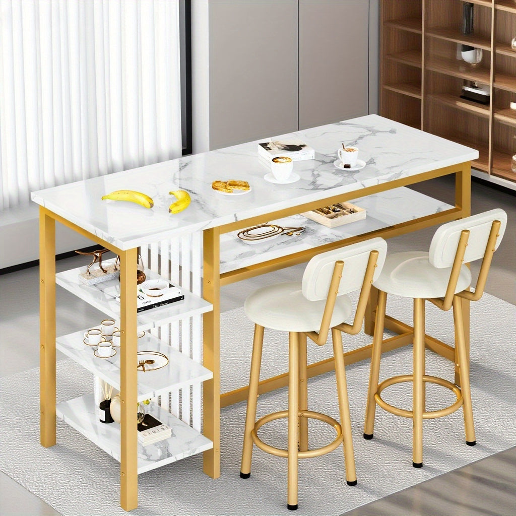 Bar Table with Stools Set Of 2, Kitchen Island with Seating Bar Table Set with Storage, Counter Height Small Dining Table And Chairs Set Of 2, Faux Marble Kitchen Table And Chairs Set with 2 PU Leather Upholstered Seat for Small Space, Dining Room