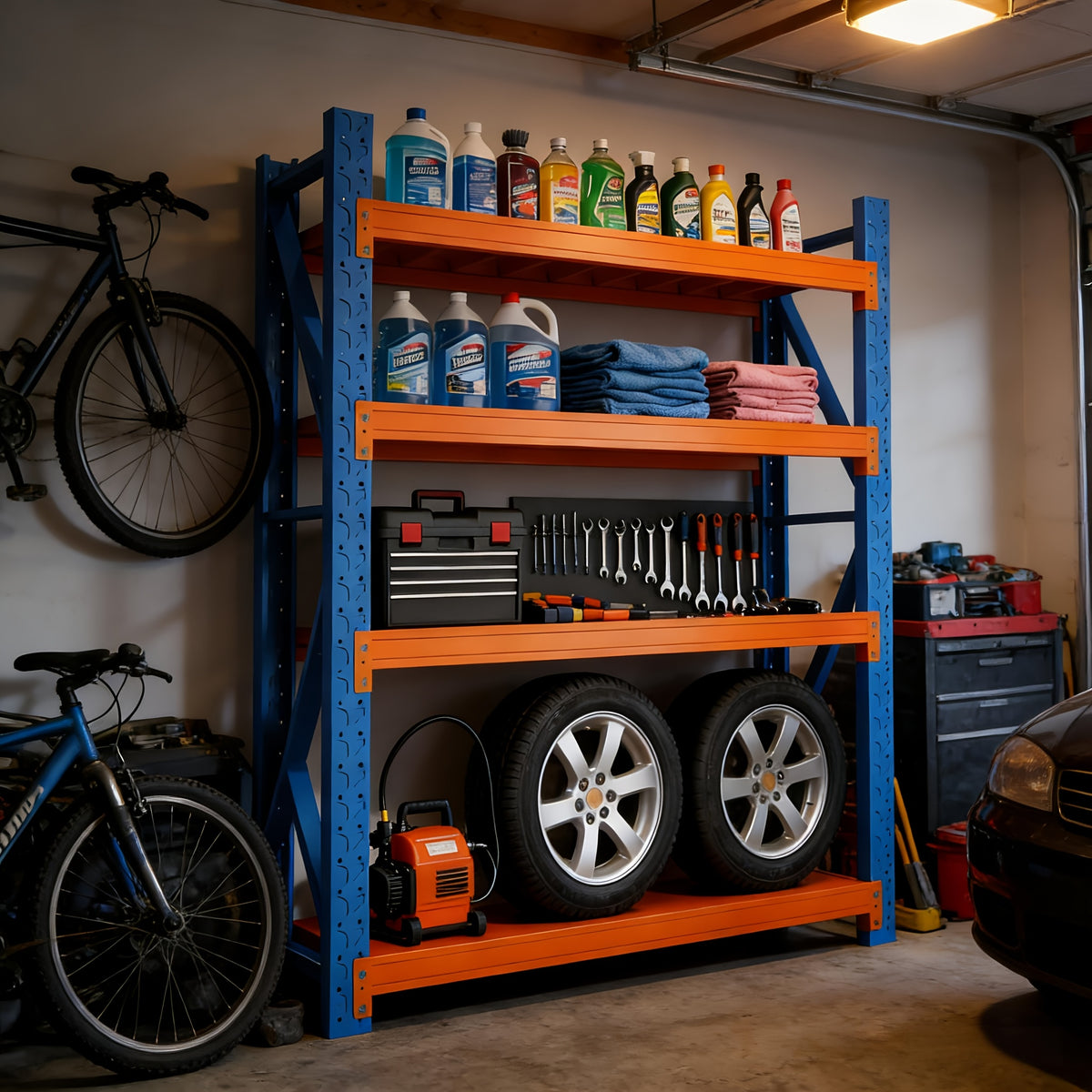 [4-Tier Garage Storage] Heavy-Duty Garage Shelving, 4-Tier Adjustable Garage Storage Metal Rack. For Home, Garage, Basement, And Laundry Room. Dimensions: 23.7" Deep X 59.1" Wide X 78.8" High. Color: Blue-Orange Storage And Organization