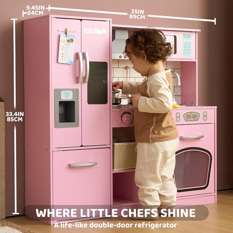 SYNCFUN Play Kitchen Set for Toy Kitchen Playset with Real Lights & Sounds, Double-Door Fridge, Ice Maker & Cookware Accessories, Pretend Play Kitchen Set for Kids, Multi-Item Party Favor Packs for Children, Perfect Christmas Gifts