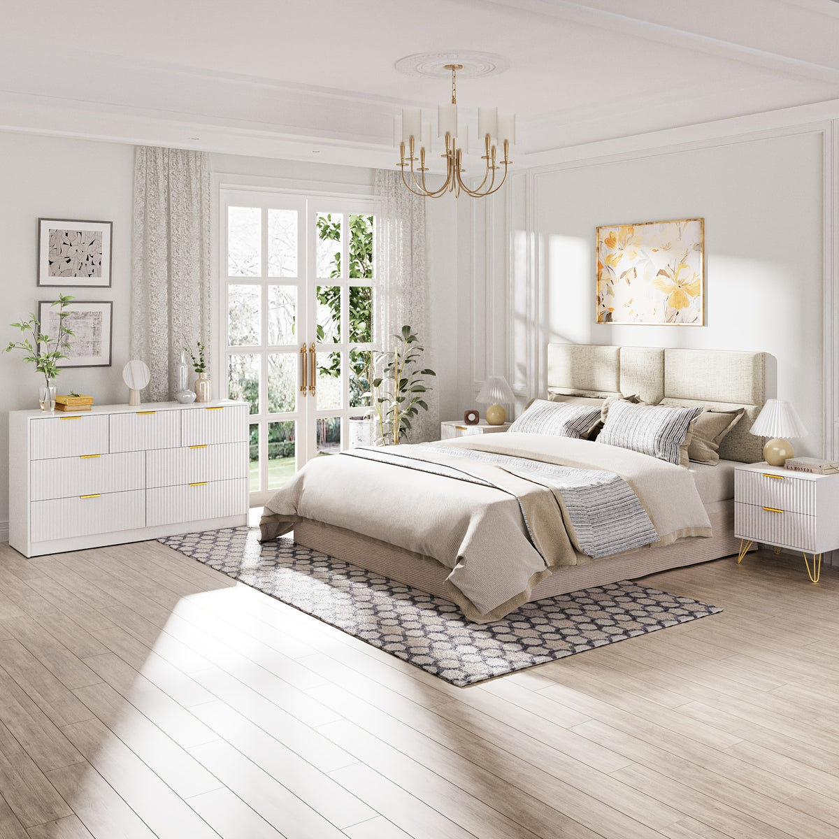 White/Walnut/Black 7 Drawer Dresser for Bedroom, Modern Fluted Dresser with Golden Metal Handles, Wide Chest Of Drawers for Bedroom, Living Room, Entryway, Hallway, 55.1" L X 15.7" D X 31.8" H, White 7 Drawer Dresser, Walnut 7 Drawer Dresser