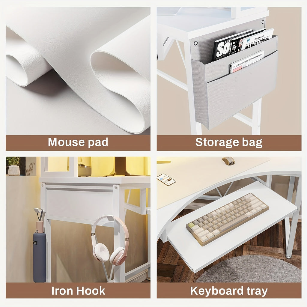 Small Office Desk with LED Lights, Triangle Corner Computer Desk with Storage Bag and Headphone Hook