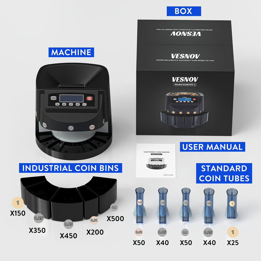 Coin Counter Machine Sorter, Change and Wrapper Roller Counting Organizer, Sorts up to 300 Coins Per Minute, Automatically Sorts and Batches, Office Supplies