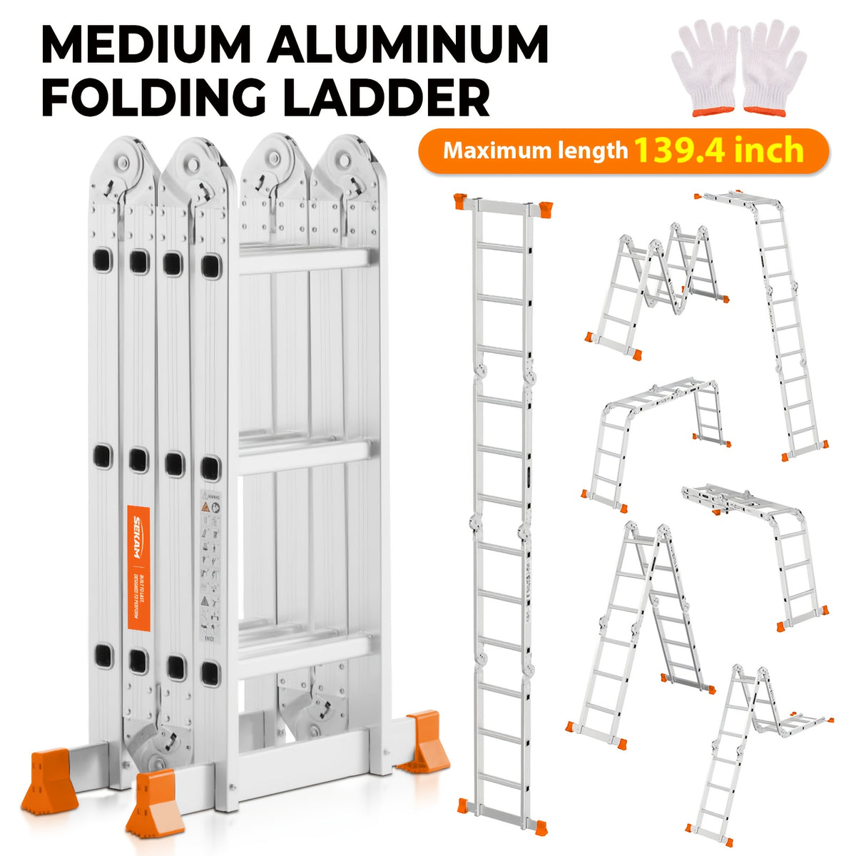 7-in-1 Foldable Convertible Aluminum Ladder, Dual Size Options M(139.4 Inch)/L(186.6 Inch) with Different Extended Length, Heavy-Duty Construction, Wear-Resistant Non-Slip Design, Sturdy Support Structure, Practical Extension Ladder for Indoor
