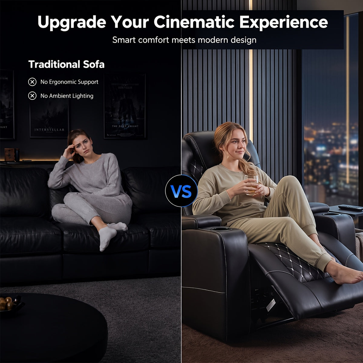 Power Recliner Chair with USB Ports And Cup Holders - Overstuffed Electric Home Theater Seating Faux Leather Reclining Furniture with Hidden Arm Storage, Easy to Clean (Black)
