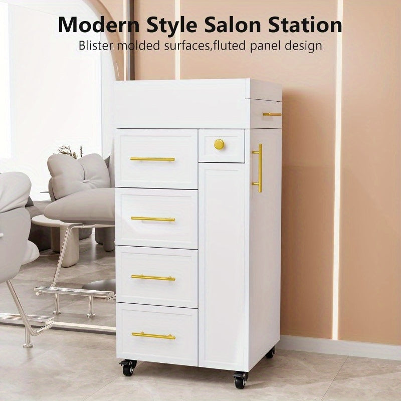 Heavy-Duty Salon Trolley Cart with 5 Drawers, 3 Tool Holders & Adjustable Shelf - Mobile Beauty Station with Locking Wheels, Large Top Surface - Sturdy Wooden Construction for Barber Shop, Salon, Spa, Home - Space-Saving Organizer Cabinet (White/Black) -