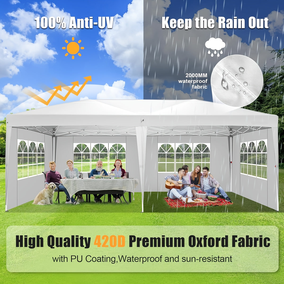 10X20Ft Heavy Duty Canopy, Pop-Up Design with 6 Side Walls, Suitable for Party Events Weddings, Roller Pack, Upgraded Thickened Hexagonal Legs