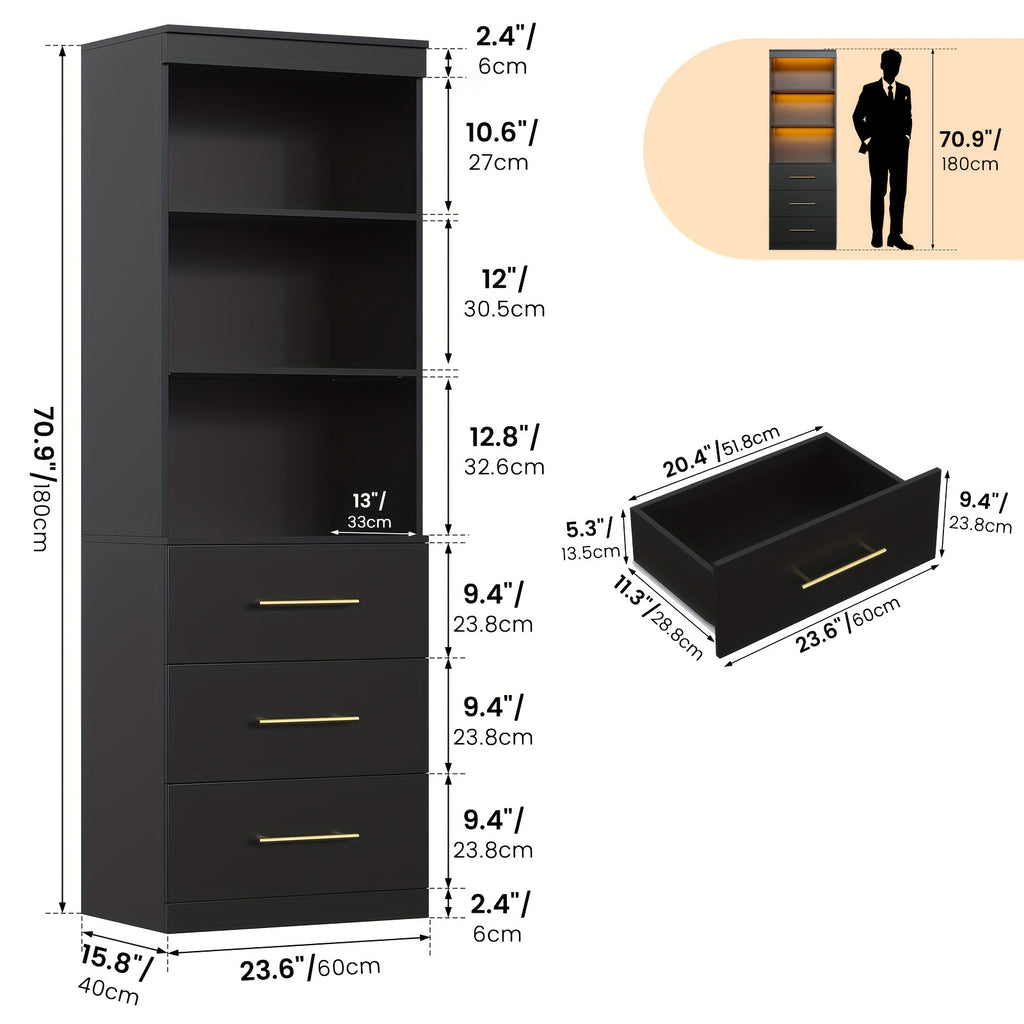 Tall Bookshelf for Home Office or Living Room, 71-Inch Design with Three Drawers for Display and Hidden Storage