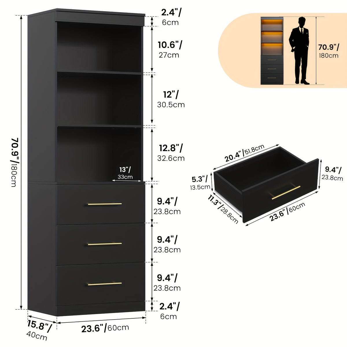 Tall Bookshelf for Home Office or Living Room, 71-Inch Design with Three Drawers for Display and Hidden Storage