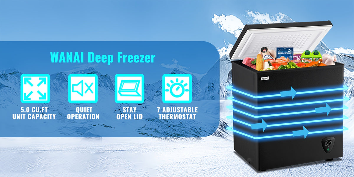 [Small Deep Freezer] WANAI Small Deep Freezer, 2.5/3.5/5.0 Cubic Feet Chest Freezer with Adjustable Temperature, Top Open Door, Removable Storage Basket for Home, Kitchen, Office, for Home And Apartment, Black