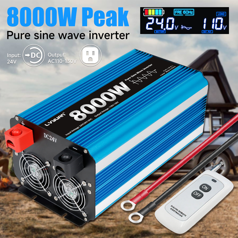 Pure Sine Wave Inverter 8000W (Peak)Car Power Inverter Efficient 12V/24V DC To 110V 120V AC With LCD Display And Remote & Troubleshooting, 4 US Sockets For Vehicles Car Chargers For Home Solar System RV Vans, Without Battery