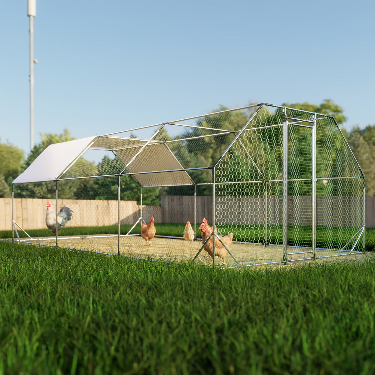 Large Metal Chicken Coop, Walk-in Chicken Run, Galvanized Wire Poultry Chicken Hen Pen Cage, Rabbits Duck Cages With Waterproof And Anti-Ultraviolet Cover For Outside(10' L X 20' W X 6.56' H), Without Battery