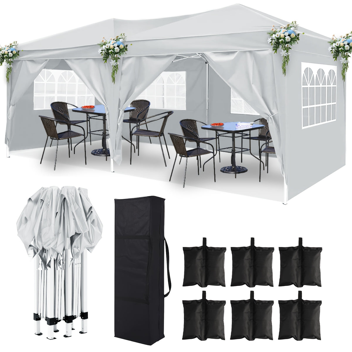 10X20ft Pop Up Wedding Party Tent with 6 Sidewalls, Heavy Duty Commercial Outdoor Canopy All Season Wind & Waterproof Canopy Gazebo with Storage Bag