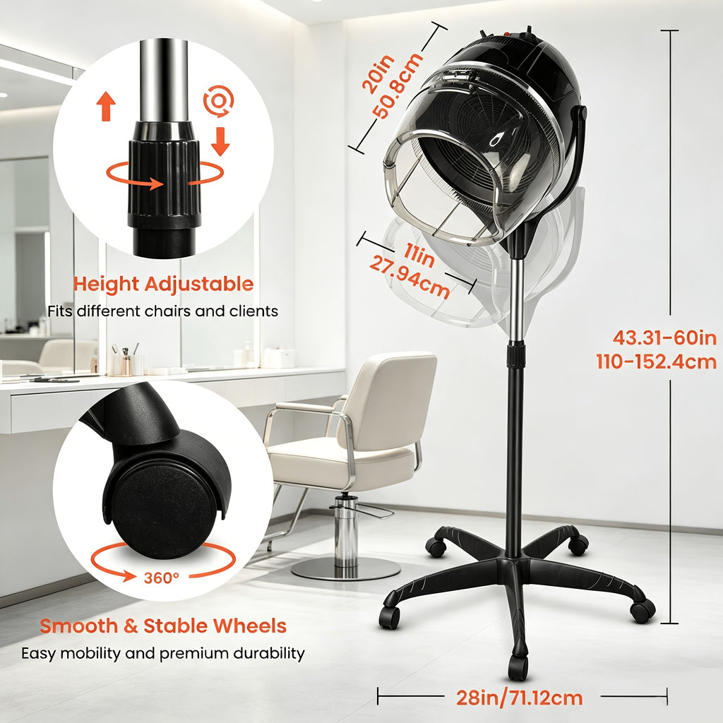 Professional Adjustable Hooded Bonnet Hair Dryer Stand with Rolling Wheels And Timer - Portable Floor-Standing Dryer for Home Salon And Beauty Spa, Bonus 3pcs Eyebrow Razors