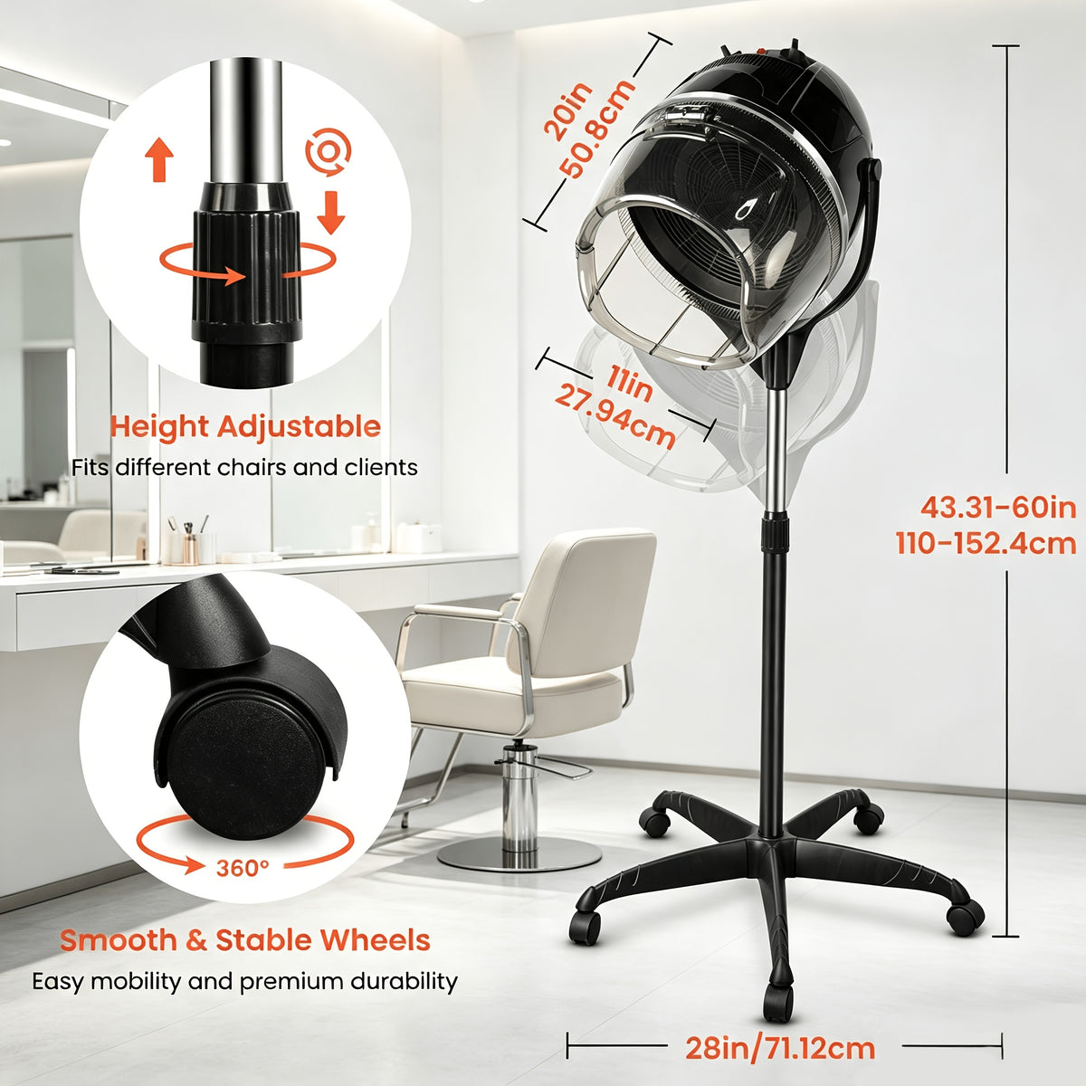 Professional Adjustable Hooded Bonnet Hair Dryer Stand with Rolling Wheels And Timer - Portable Floor-Standing Dryer for Home Salon And Beauty Spa, Bonus 3pcs Eyebrow Razors