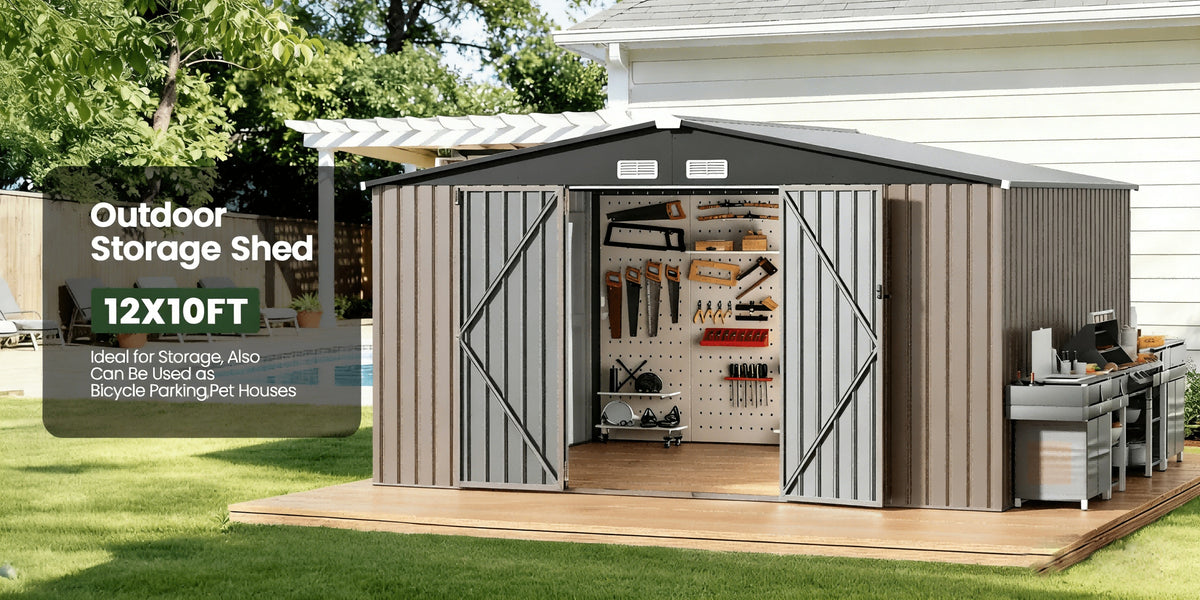 [Metal Storage Shed] 8x6ft (7.33'x5.28' Base, No Floor), 6 X 4ft, 10x12ft, 10x14ft, Metal Steel Outdoor Storage Shed with Air Vent & Lockable Doors, for Garden, Patio And Backyard, Tools, Bike