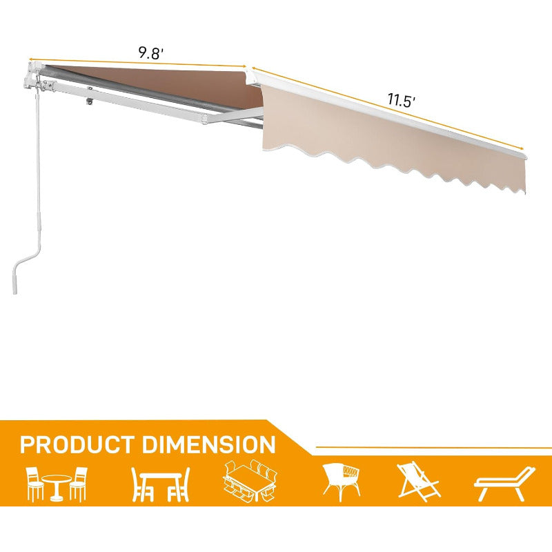 Bonnlo 12x10 FT Grey Polyester Patio Awning Canopy UV Water Resistant Outdoor Retractable Sunshade Shelter with Manual Crank Handle