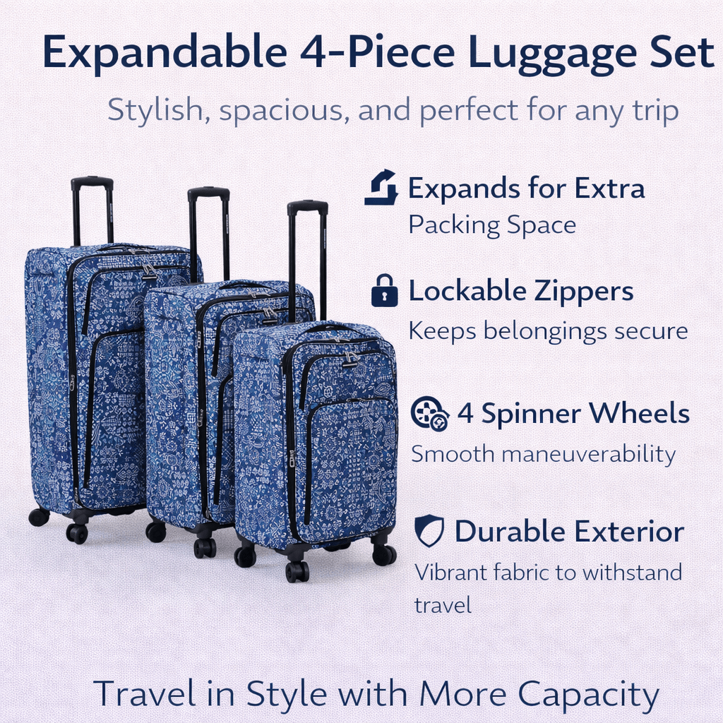 4-Piece Softside Spinner Luggage Set (20+24+28+32 inch) Lightweight Travel Suitcases with 360° Wheels, Telescopic Handle, Multi Pocket Design