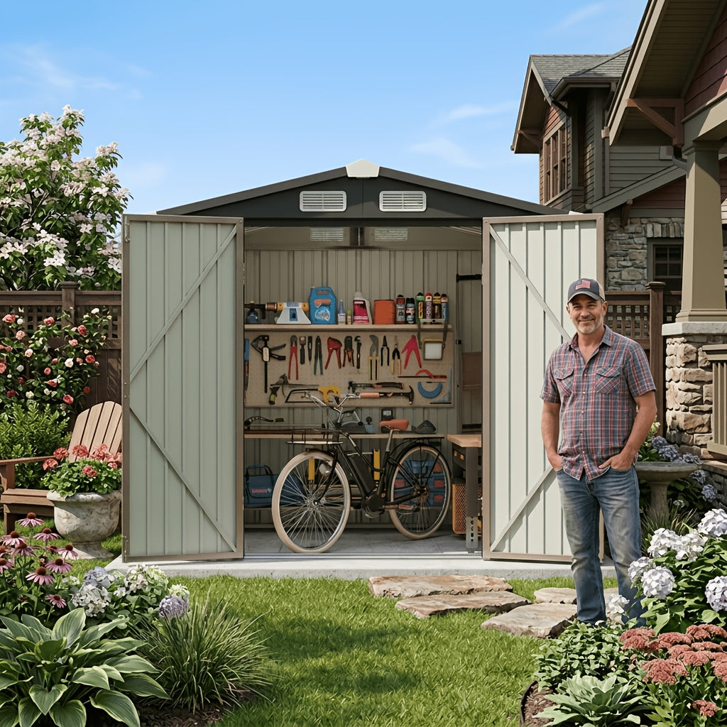 [Outdoor Storage Shed] ULSMVOC 6X4 FT Outdoor Storage Shed, Garden Tool Storage Shed With Sloping Roof And Double Lockable Door, Outdoor Shed For Garden Backyard Patio Lawn, Brown