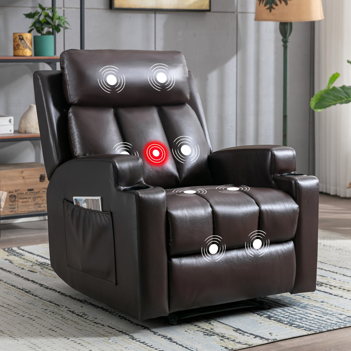 Manual Recliner Chair with Massage And Heat Ergonomic Overstuffed Breathable Fabric Reclining Chair with 2 Side Pockets, 2 Cup Holders, Remote Control, for Game & Recreation Room Furniture