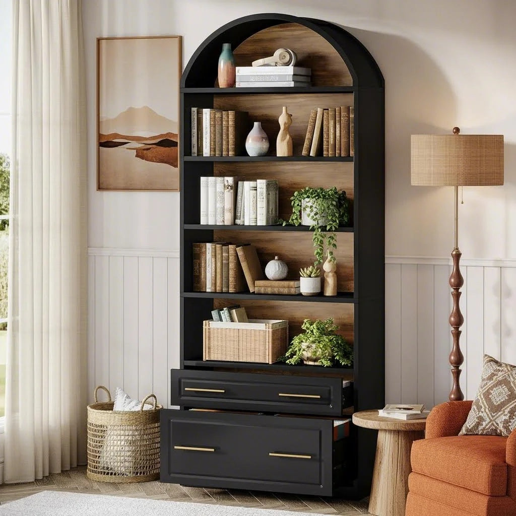 BYBLIGHT 76.8" Tall Arched Bookcase, Modern Freestanding Wooden Bookshelves, 5-Tier Bookshelf with File Cabinet Drawer, Large Open Display Storage Shelves, for Home Office Living Room, Assembly Required, Multiple Colors Available