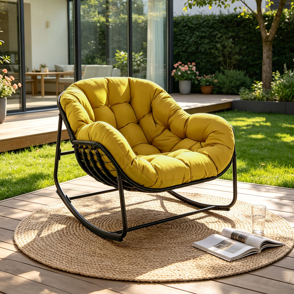 Papasan Rocking Chair Outdoor, All Weather Wicker Papasan Patio Chair with Cushion And Pillow, Heavy Duty Metal Oversized Papasan Rocker Egg Chair for Garden, Patio