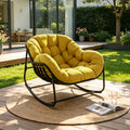 Papasan Rocking Chair Outdoor, All Weather Wicker Papasan Patio Chair with Cushion And Pillow, Heavy Duty Metal Oversized Papasan Rocker Egg Chair for Garden, Patio