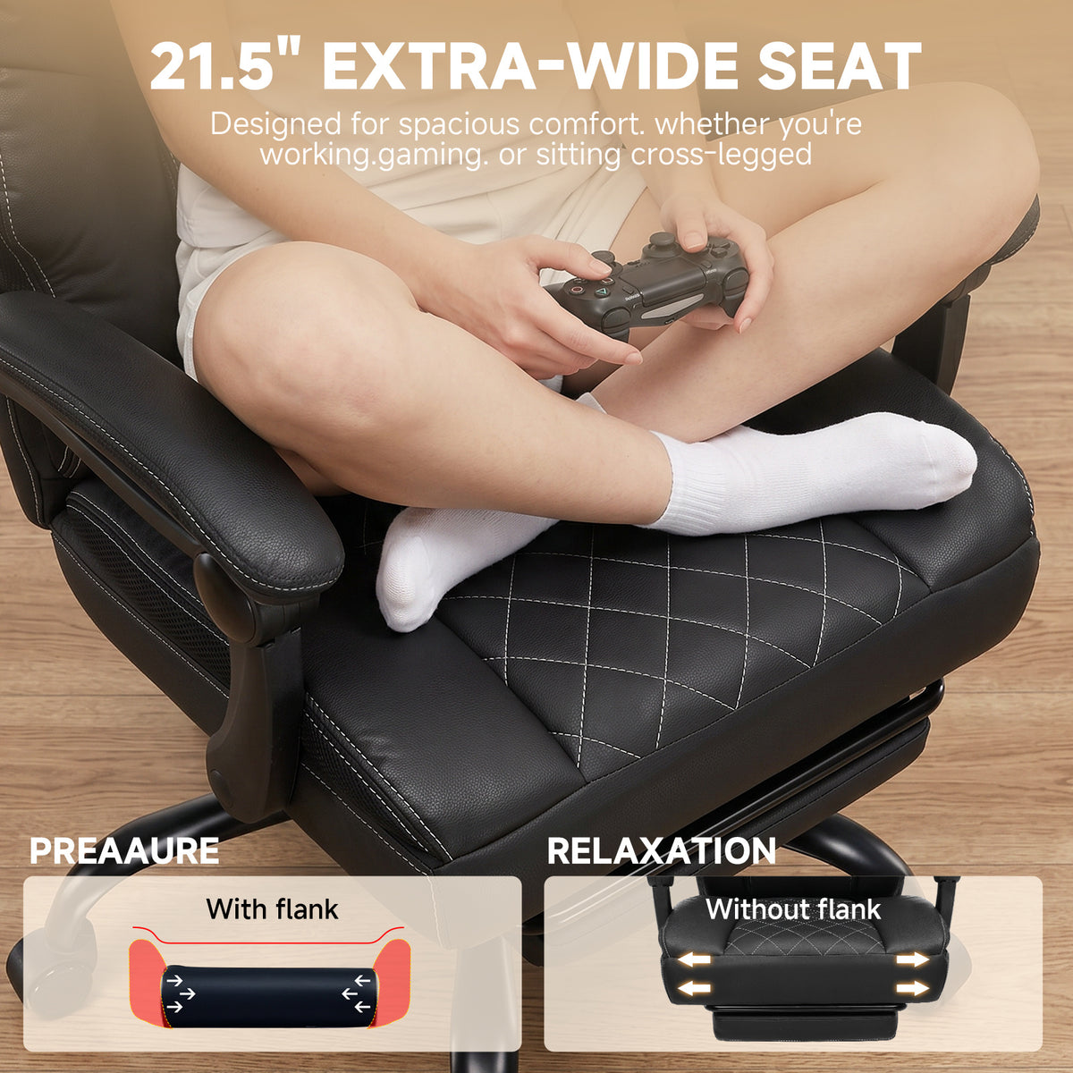Ergonomic High Back Office Chair with Linkage Widened Armrest, Big&Tall Executive Office Chair, Gaming Chair, Thick Pocket Spring Wide Seated Cushion, Desk Chair with Retractable Footrest for Adults, Faux Leather/Corduroy/Fabric, OC-305