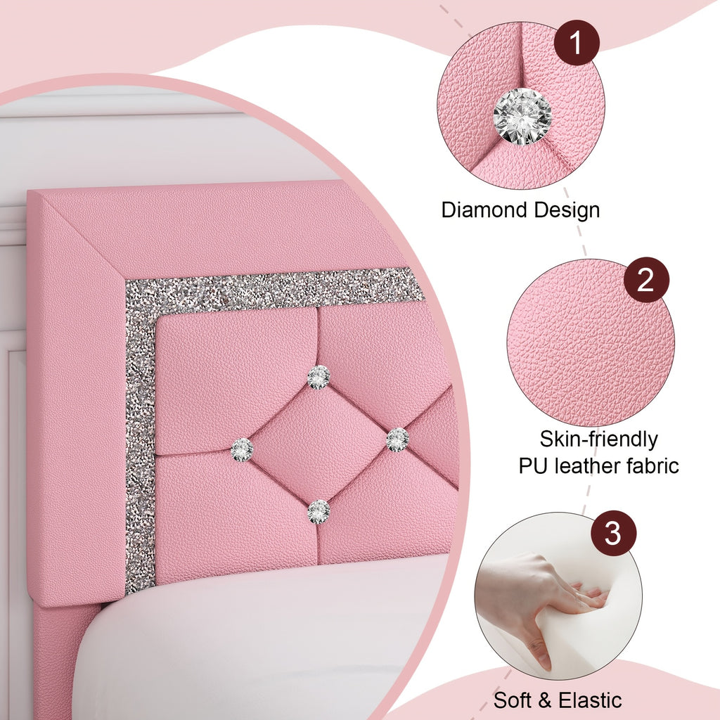 HOMBCK Twin Full Queen King Bed Frame, Padded Platform Bed with Button Tufting Headboard, Princess Platform Bed with Diamond Design, Halloween Decoration, Wooden Strip Support, No Spring Box Needed, Easy to Assemble, Pink/White/Black/Beige