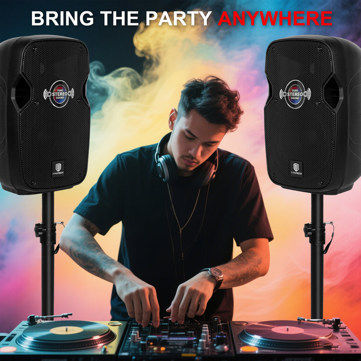 900W P.M.P.O. True Stereo Powered Wireless PA Speaker System with Active and Passive Loudspeakers, Wired Microphone, Stands, Remote, MP3/USB/SD/AUX Inputs