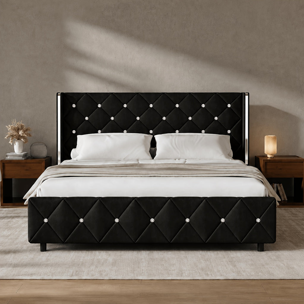 Twin Full Queen King Size Bed Frame, Upholstered Bed Frame with Diamond Tufted Headboard, Modern Silvery Side Wing Back, No Box Spring Needed, Easy Assembly, Purple, Black, Blue, Green, Pink, White