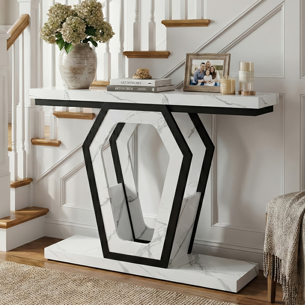 47.3" Modern Console Table with White Marble Texture, Narrow Sofa Table for Entryway & Hallway, Slim Behind Couch Table with Openwork Bracket, Foyer Table for Living Room, Easy Assembly