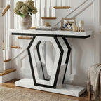 47.3" Modern Console Table with White Marble Texture, Narrow Sofa Table for Entryway & Hallway, Slim Behind Couch Table with Openwork Bracket, Foyer Table for Living Room, Easy Assembly