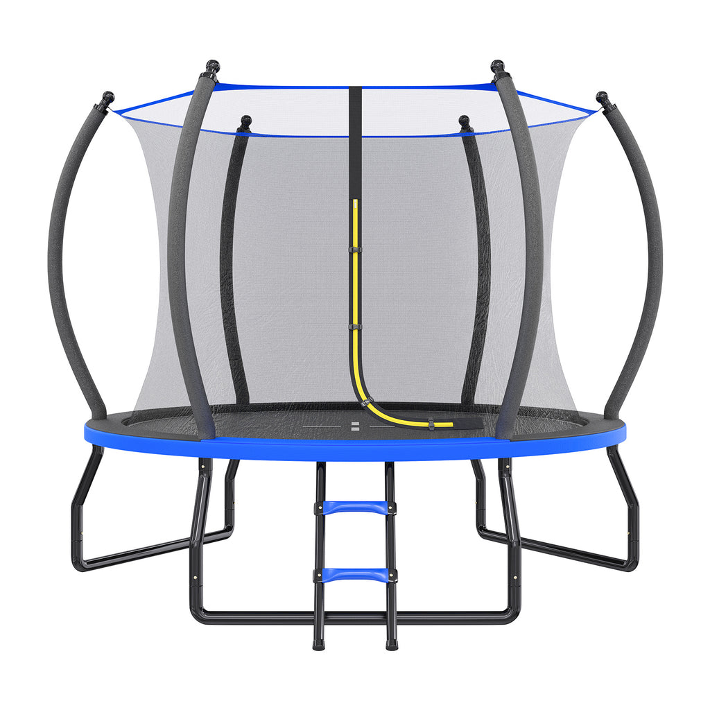 Indoor Outdoor Trampoline for Teenagers, 8ft/10ft/12ft/14ft/15ft/16ft with Safety Enclosure Net, Pop-up Quick Connector Frame, Basketball Hoop Optional, Includes Ladder, Blue/Black Backyard Jumping Trampoline