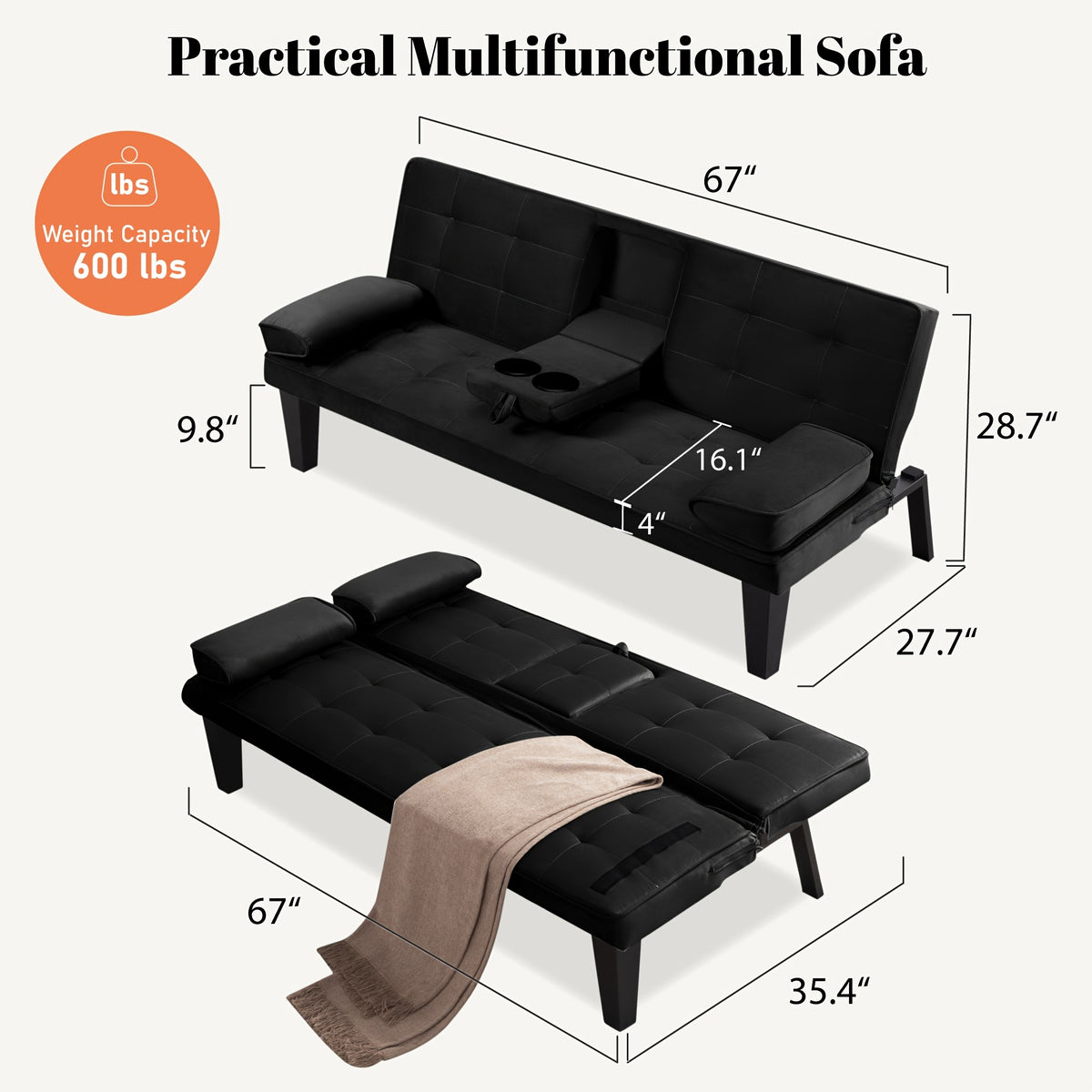 67" Convertible Futon Sofa Bed, 2 Thickness Seat Cushion, Adjustable Folding Couch with Detachable Armrest & Cup Holders, Heavy Duty 700 LBS Metal Frame, Multifunctional Sleeper Sofa for Living Room Bedroom Apartment Dorm