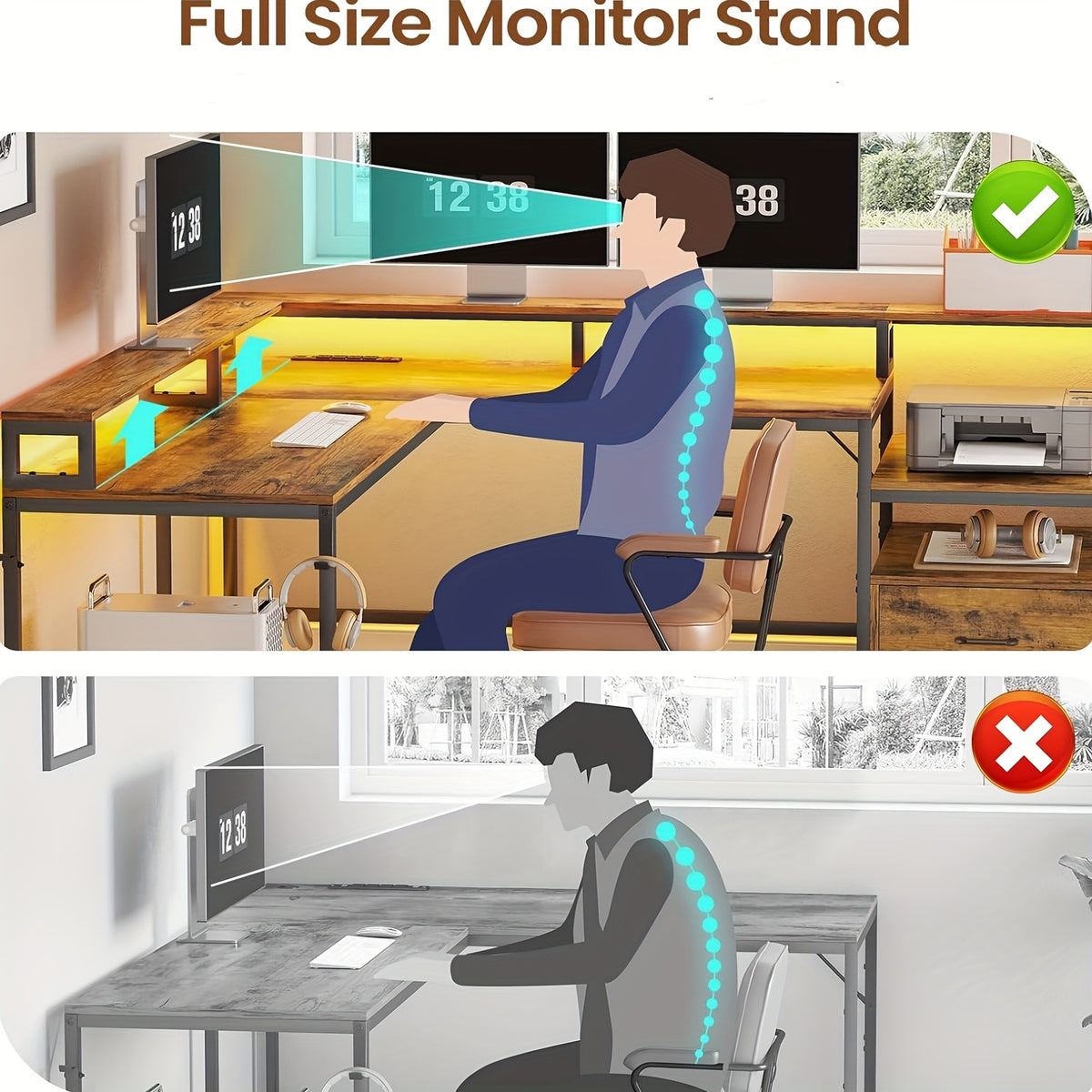 L Shaped Desk for Home Office, Reversible Corner Computer Desk with File Drawer, Led Lights and Monitor Shelf, Two Person Desk