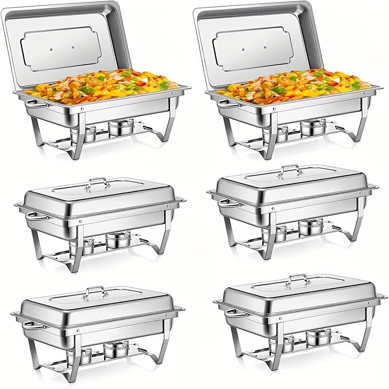 6pcs Chafing Dish Buffet Set, 9 Qt Stainless Steel Buffet Servers And Warmers With Foldable Frame, Food Pan, Fuel Holder And Lid For Halloween, Christmas, Home Parties, Only For Cooking