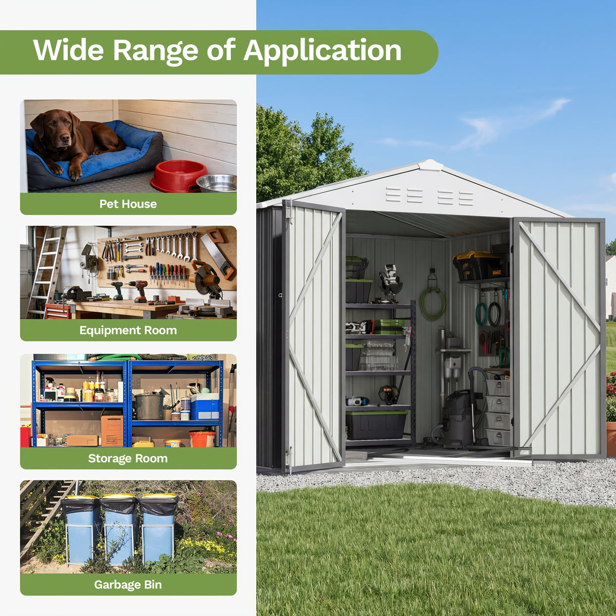 GUNJI 10 X10ft & 8 X 6ft 6 X 4ft & 5 X 3ft Storage Shed with Floor Frame, Metal Tools Shed with Design Of Lockable Doors, Utility And Tool Holder for Garden, Workshop, Backyard, Can Hold Various Tools