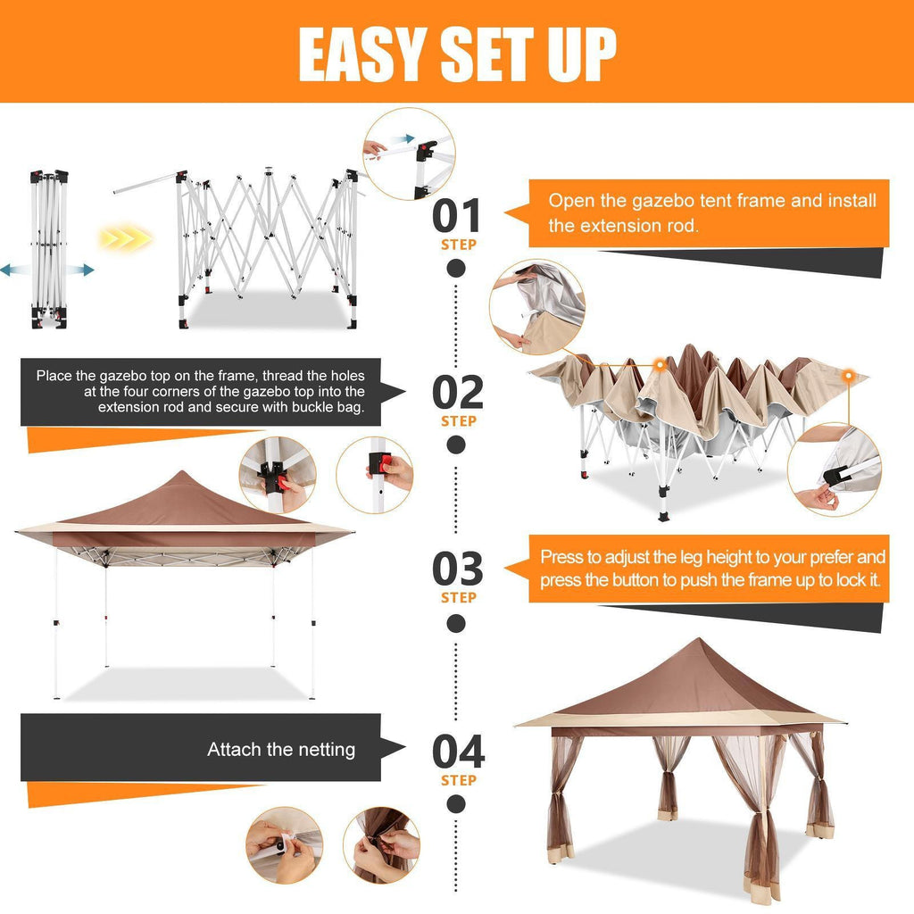 12x12ft Foldable Pop-up Tent, Home Decoration Party Canopy Gazebo with Mosquito Net, Including Carrying Bag and Sandbag, UV and Insect Repellent, Easy to Install, Perfect for Camping, Beach, Party, Yard, Villa, Lawn and Other Outdoor Events