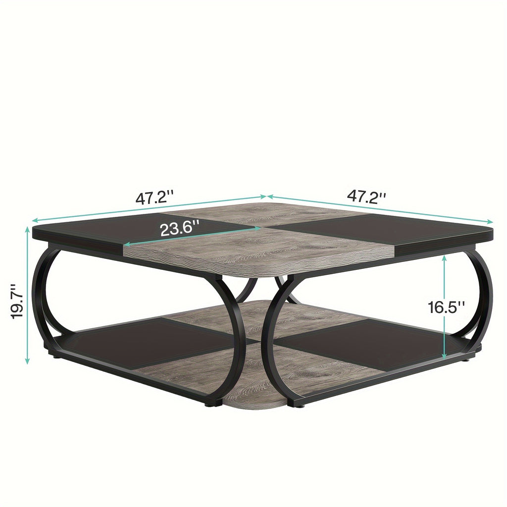 Coffee Table With Open Storage Shelf For Living Room, 39 Inch Large Wood Center Table Square Low Coffee Tables 2 Tier Farmhouse Tea Table With Metal Frame For Home Office