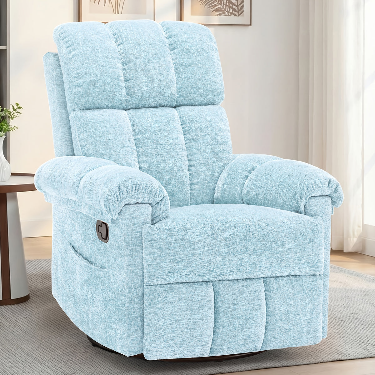 Living Room Single Chair, 360° Swivel Rocking Chair, Manual Rocking Chair for Small Spaces, Rocking Chair with Side Pockets And Armrest Storage, Deep Seat Cushion And Plush Backrest, Chenille Fabric, a Recliner Suitable for The Living Room