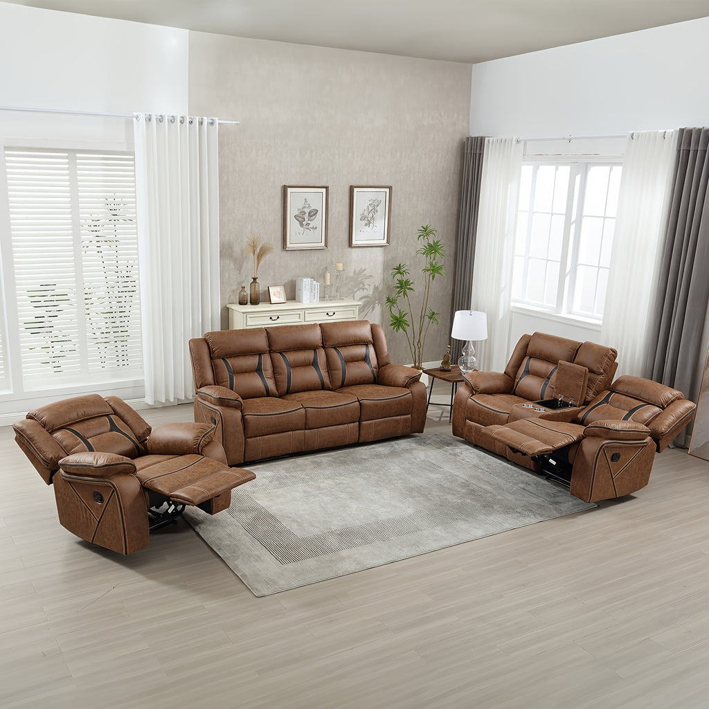 Faux Leather Manual Recliner Set: 3-Seat Sofa, Loveseat, Recliner Chair for Living Room And Meeting Room