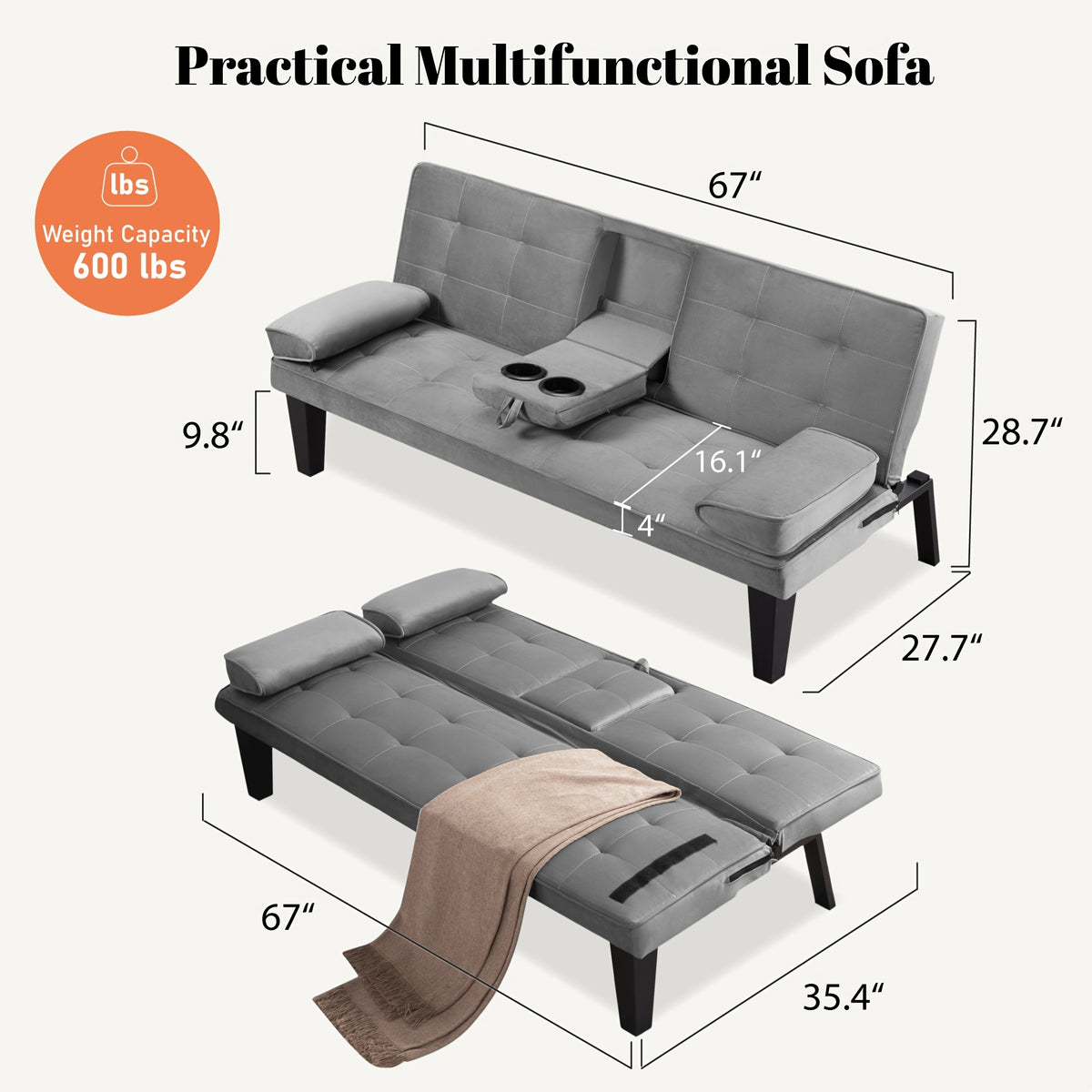 67" Convertible Futon Sofa Bed, 2 Thickness Seat Cushion, Adjustable Folding Couch with Detachable Armrest & Cup Holders, Heavy Duty 700 LBS Metal Frame, Multifunctional Sleeper Sofa for Living Room Bedroom Apartment Dorm